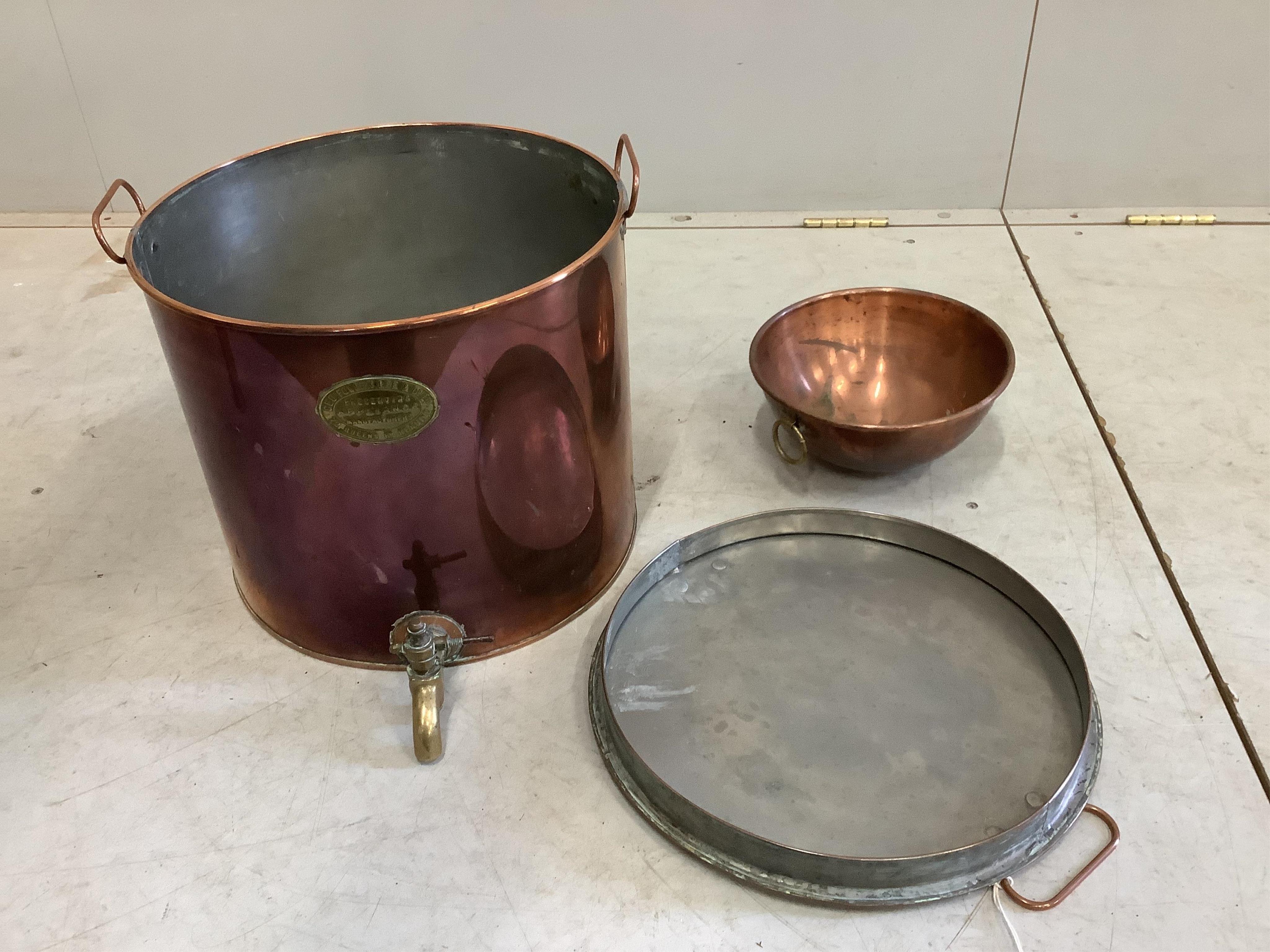 A Victorian copper and brass circular preserving vat, diameter 38cm, height 32cm together with a small Victorian circular copper dish. Condition - good